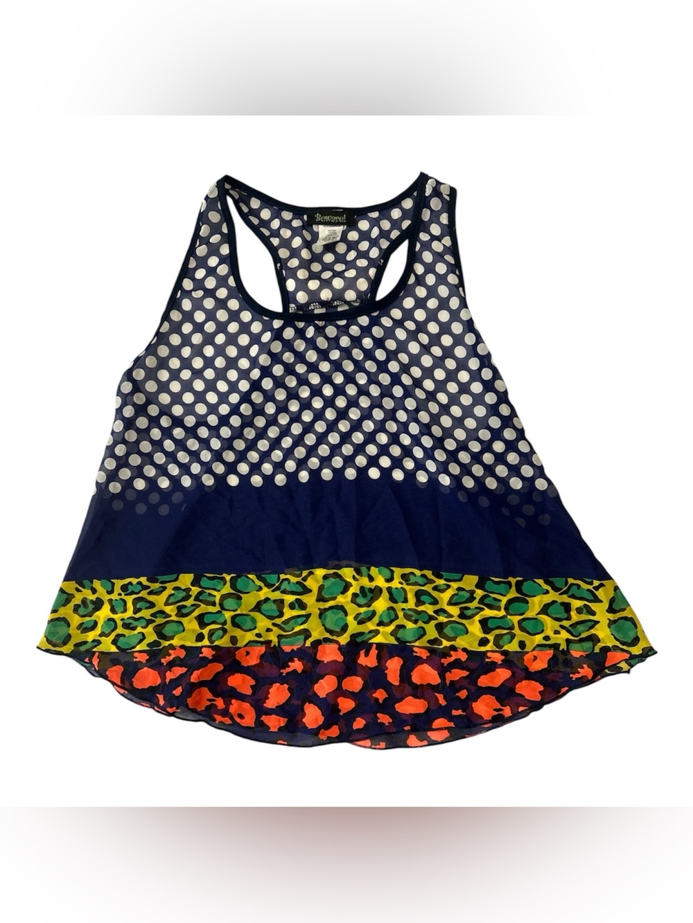 Beware! Girls Navy Polka Dot Racerback Tank with Neon Animal Trim Sz XL